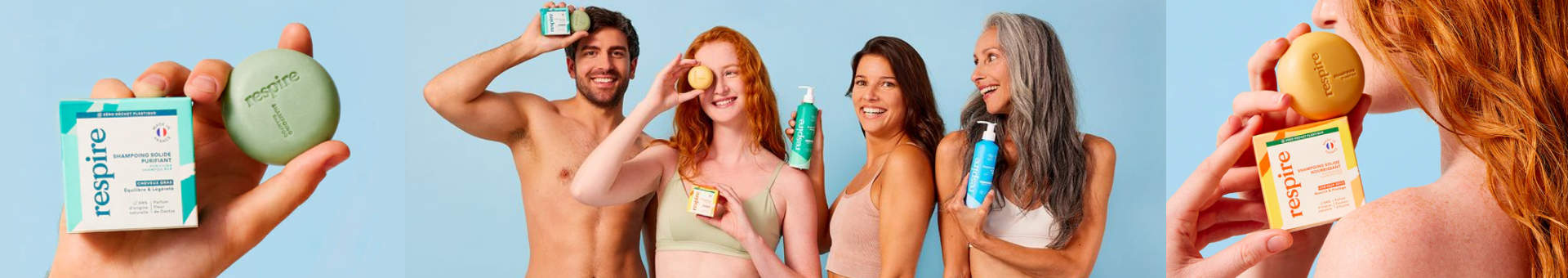 4 personnes de tout âges avec des shampoings de la marque respire acheté en parapharmacie